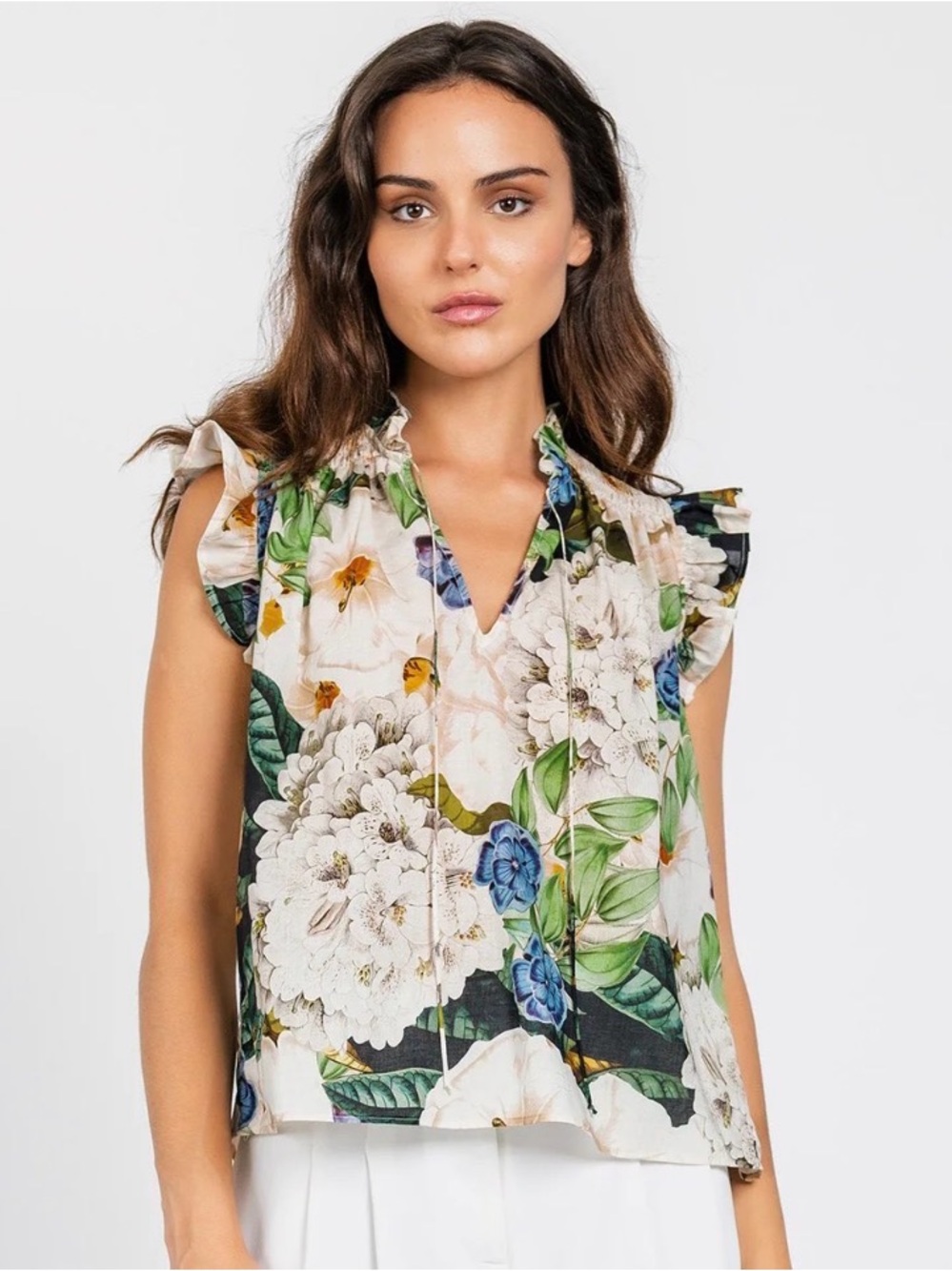 Lavender Brown Sophia Floral Garden Blouse Medium Flutter Ruffle Sleeve $188 F57
